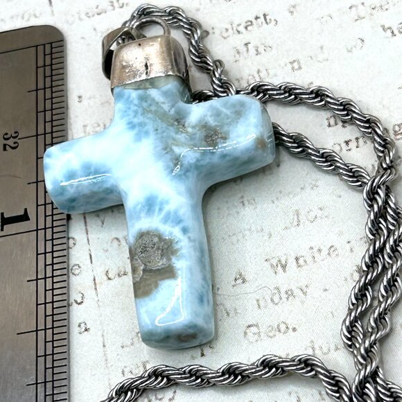Large Larimar Sky Blue Carved Stone Cross Pendant Necklace Rope Chain Silver - Picture 4 of 9